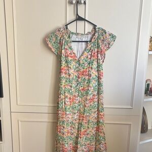 LOFT Floral Green and Pink Midi Dress